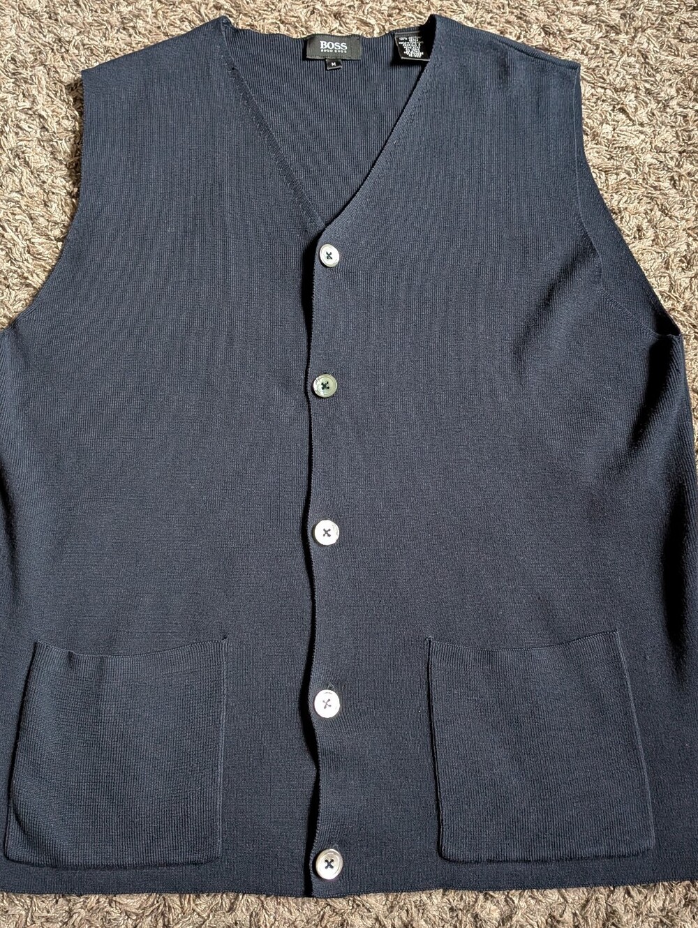 Boss Hugo Boss Navy Cotton Knit Button Front Sweater Vest Men's M